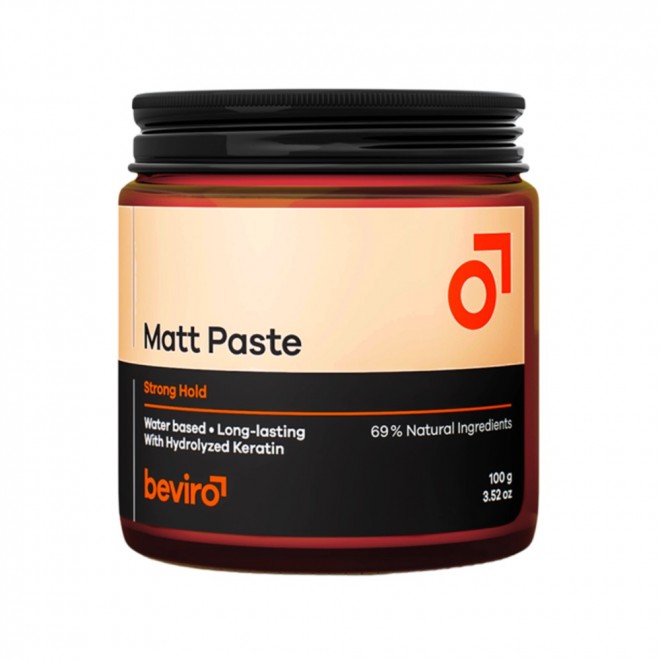 Beviro Matt Paste Strong Hold 100 g – całkowicie matowa pasta do włosów | mocne utrwalenie, baza wodna, 69% składników naturalnych